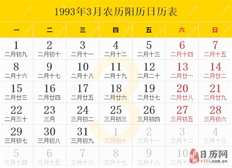 1993年农历表|1993年日历带农历表，1993鸡年阴阳历对照表，1993年每日天干。